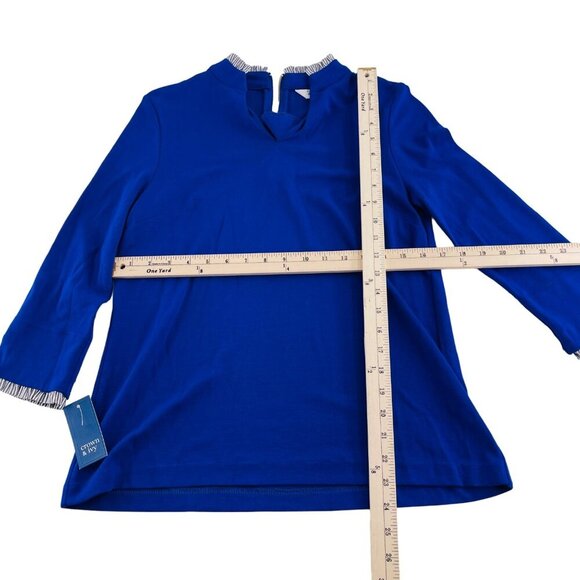 Crown & Ivy Petite Womens Blue Blouse With Striped Trim PM Petite Medium NWT - Picture 4 of 6